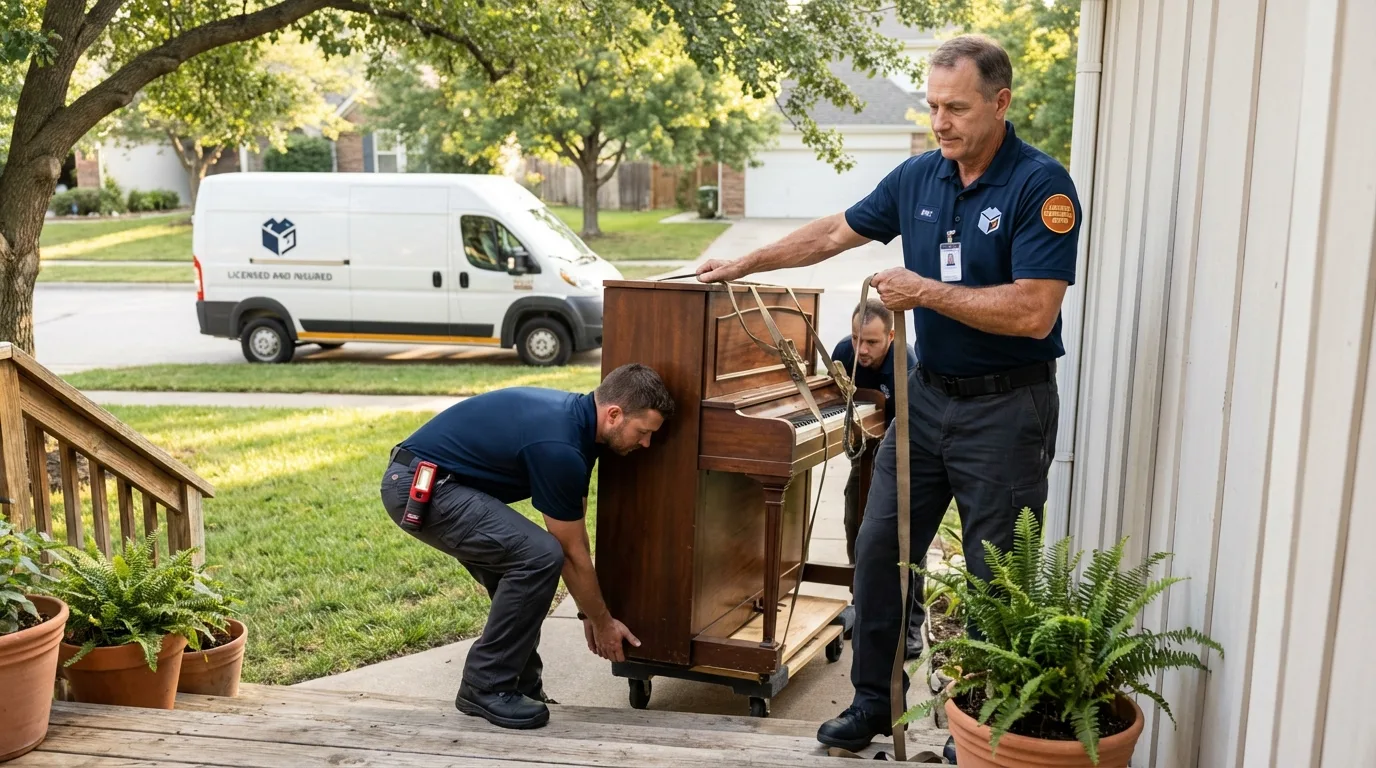 Licensed piano movers securing grand piano in Malden, MA