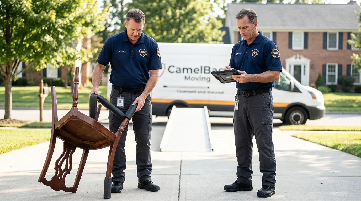 Movers inspecting furniture for damage prevention before loading in Malden, MA