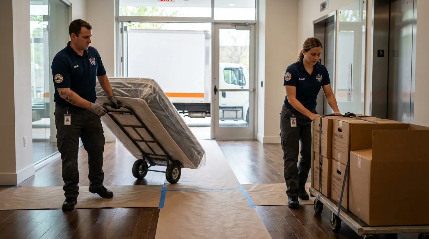 Professional apartment movers loading elevator in Malden, MA
